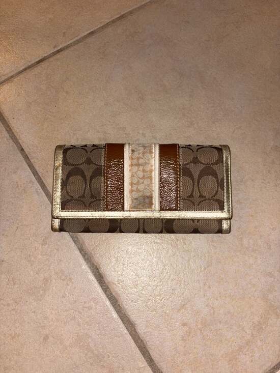 Coach Handbags - Coach Signature Stripe Slim Envelope Wallet Khaki Brown Gold Metallic Interior